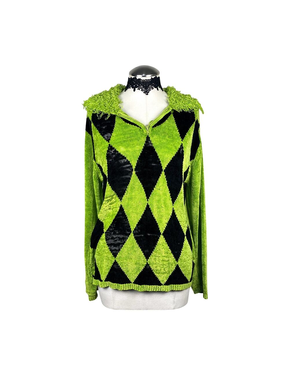 Vtg Lisa International Green Black Argle Collared Quater Zip Sweater Clowncore M
